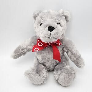 Walmart Bear Plush 9" Gray Fur Red Heart Bow Sits Sewn Eyes Stuffed Animal 2015